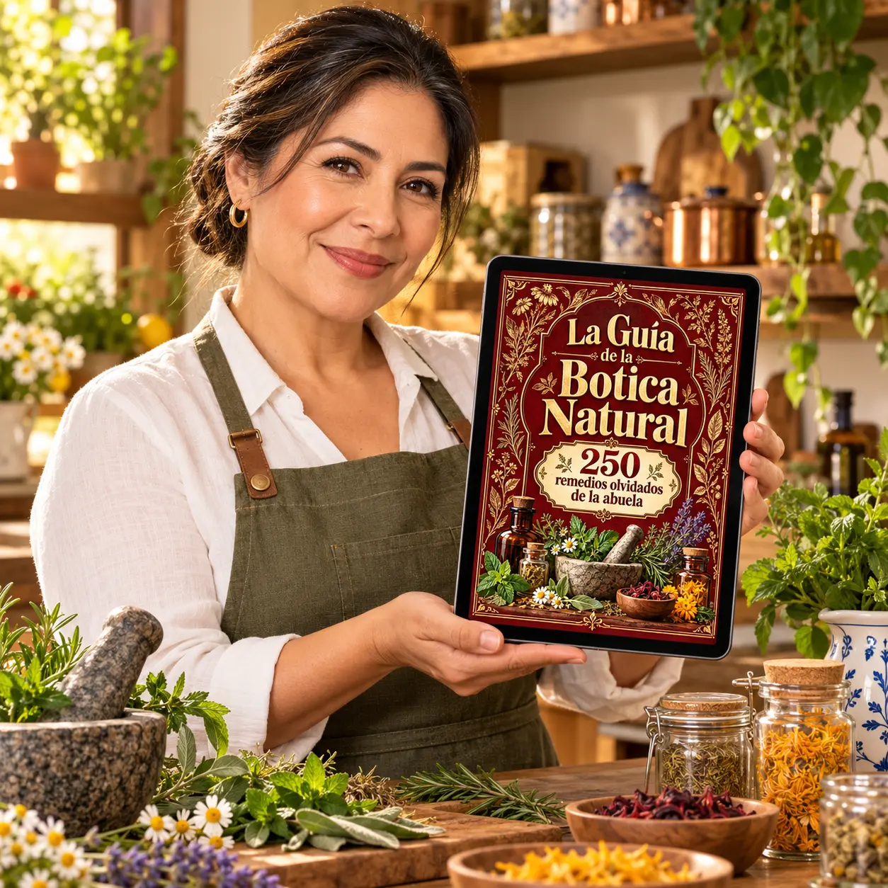 Mujer en su cocina con la guía y hierbas